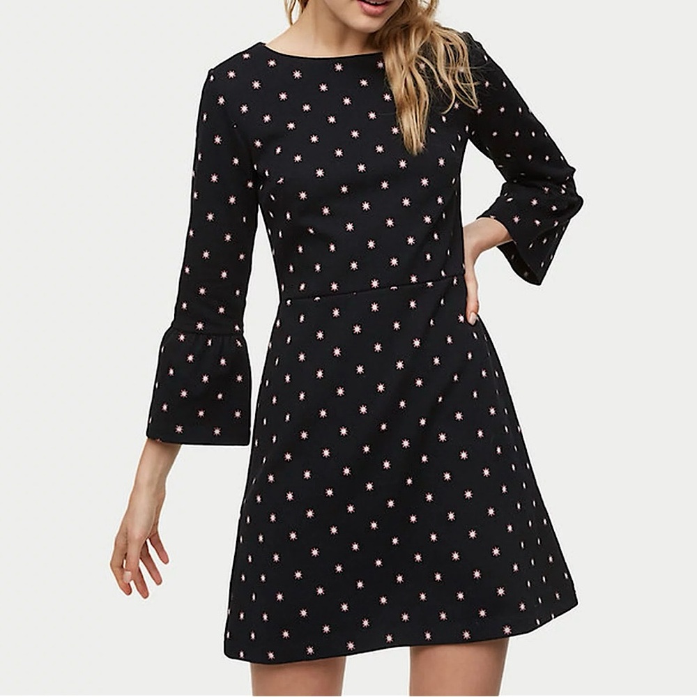 NWT Loft Women’s Bloom Knit Bell Sleeve Mini Dress Black Pink Size 12‎